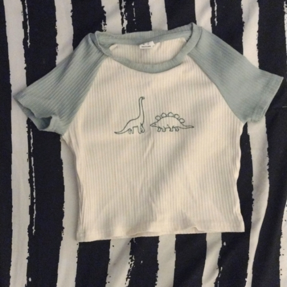 Children's teal and white dinosaur shirt